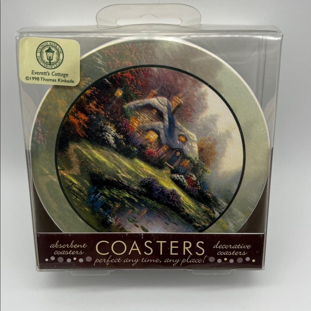 NWOT Thomas Kinkade, (Everett’s Cottage), Absorbent Stone Coasters, Thirstystone
